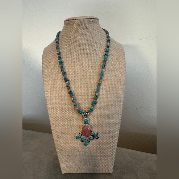 Turquoise & Rhodochrosite bead necklace with pendant by Jay King - Picture 2 of 14